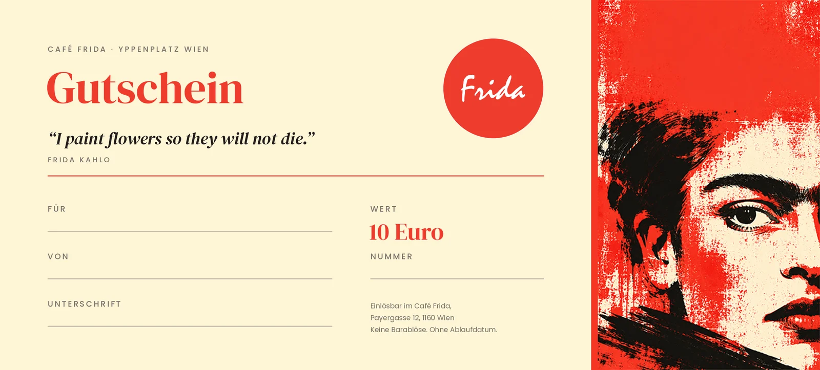 Gutschein vom Café Frida am Yppenplatz über 10 Euro, mit Feldern für Name, Betrag und Nummer